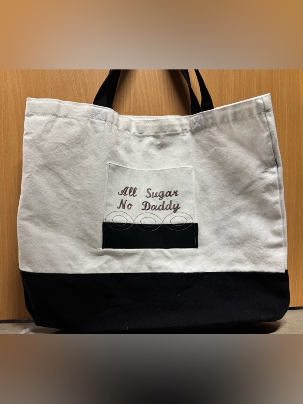 Canvas Two-Tone Tote Bag in White and Black with custom embroidery